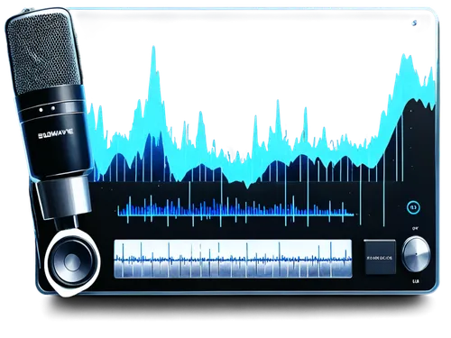 Audio waveform, blue soundwave, digital audio file, music player interface, earbuds, headphones, sound editing software, mixing console, studio recording equipment, metallic texture, sleek design, fut