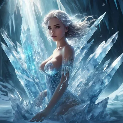 A very beautiful girl made of ice, with big beautiful breasts. Full of huge crystal columns. water. The original style. Dirty crystals. The water sparkles in the rays of light, and passes through the 