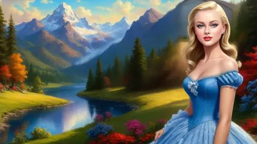 Romantic masterpiece oil painting, beautiful slim busty woman portrait, petticoat, nostalgic 1950's style kitsch, standing in front of a breathtaking beautiful epic vast landscape, majestic vibrant lu