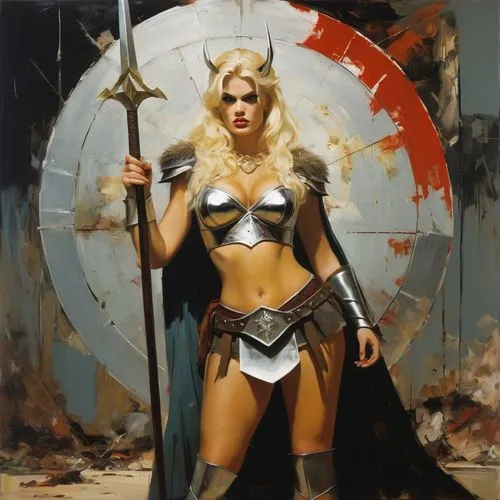 female warrior,magik,thundra,sandahl,warrior woman,thorhild,hippolyta,krietor,strongwoman,fantasy woman,teela,valkyrie,rosharon,wonderwoman,illyana,huntress,brunhild,tanith,gunhild,sisoulith,Conceptual Art,Oil color,Oil Color 01