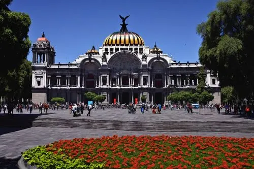 Mexico City, architectural landmarks, historic center, Palacio de Bellas Artes, ornate details, intricate stone carvings, vibrant tile work, grand staircases, Gothic Revival style, Art Nouveau influen