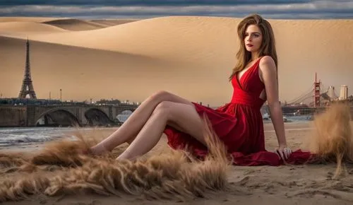 a photography full body of a beautiful caucasian 23 years old  blue eyes, brown hair, red lips wearing a red dress sitting in a beach looking to camera, the Eiffel tower and the Golden Gate Bridge at 