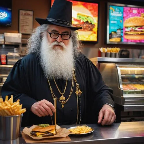 luther burger,the abbot of olib,burger king premium burgers,metropolitan bishop,rabbi,archimandrite,jewish cuisine,orthodoxy,orthodox,rompope,kosher food,holy supper,lord who rings,dwarf cookin,high priest,fast-food,christ feast,fast food junky,gaisburger marsch,fast food restaurant,Illustration,Abstract Fantasy,Abstract Fantasy 08