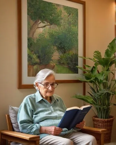 Alzheimer's patient, gentle facial expression, wrinkles, silver hair, glasses, simple clothing, walking stick, calm atmosphere, modern care facility, natural lighting, wooden furniture, soft cushions,