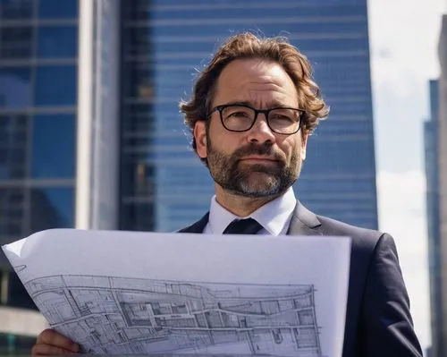 John Galecki, middle-aged man, architect, solo, (40yo), short brown hair, glasses, beard, white shirt, black tie, dark blue suit, holding blueprint, standing, interior design office, modern skyscraper