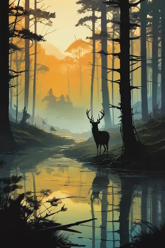 A serene forest at dawn, a deer silhouette emerges from the mist.,deer illustration,deer silhouette,deer drawing,deer,deers,stag,elk,glowing antlers,forest animals,gold deer,forest animal,fawns,deer w