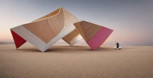 the image shows two colorfully painted kites standing in sand,cube stilt houses,admer dune,beach tent,sails of paragliders,jumeirah beach,beach umbrella,Product Design,Furniture Design,Modern,Italian 