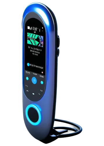 Sleek, futuristic, metallic mp3 player, glowing blue LED lights, sleek lines, compact design, siren sound effects, loudspeaker, 3D model, metallic surface, reflective material, bright lighting, high c