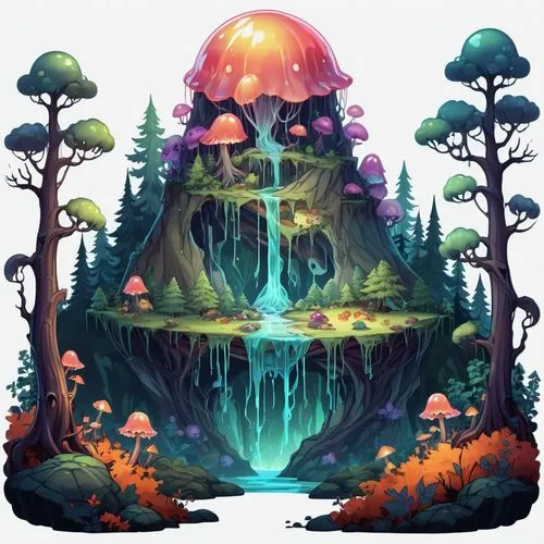 mushroom landscape,mushroom island,fairy village,fairy forest,fairy world,fairy house,Illustration,Abstract Fantasy,Abstract Fantasy 11