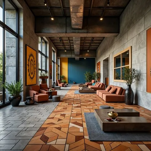 lobby,loft,contemporary decor,patios,patio,hotel lobby,corten steel,lofts,minotti,ceramic floor tile,terracotta tiles,modern decor,interior decor,midcentury,ceramic tile,living room,home interior,mid century modern,seating area,interior modern design