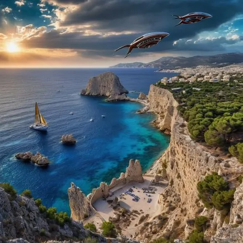 zakynthos,take-off of a cliff,greek island,greek islands,the balearics,the mediterranean sea,balearic islands,capri,mediterranean sea,zante,flying birds,birds in flight,ionian sea,photo manipulation,airships,flying seeds,flying sea gulls,birds flying,photoshop manipulation,ibiza,Conceptual Art,Sci-Fi,Sci-Fi 13