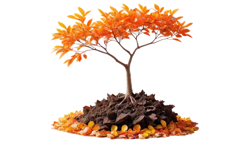 Cartoon tree, autumn season, bright orange leaves, curly branches, thick trunk, roots deep in earth, colorful fallen leaves around base, warm sunlight filtering through leaves, 3/4 composition, shallo