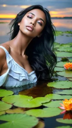 As the sun sets over the horizon, a woman with piercing orange eyes and a flowing smile takes flight in the stunning vista of her dreaming lake. She is a radiant radiant lily pad, evoking a sense of s