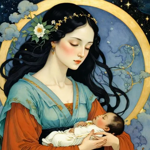 star mother,maternal,little girl and mother,newborn,arwen,mucha,mother earth,natividad,frigga,mother and infant,estrellita,salome,eckmann,serafina,motherhood,sun and moon,mother and baby,moon and star,blue moon rose,estrellas,Illustration,Retro,Retro 07