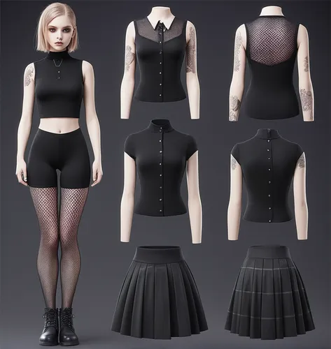 Paper doll goth blond haired girl in black sleeveless shirt ,black tight fit spandex shorts, complete full length fishnet and black boot standing surrounded by with a set of goth fashion clothing, shi