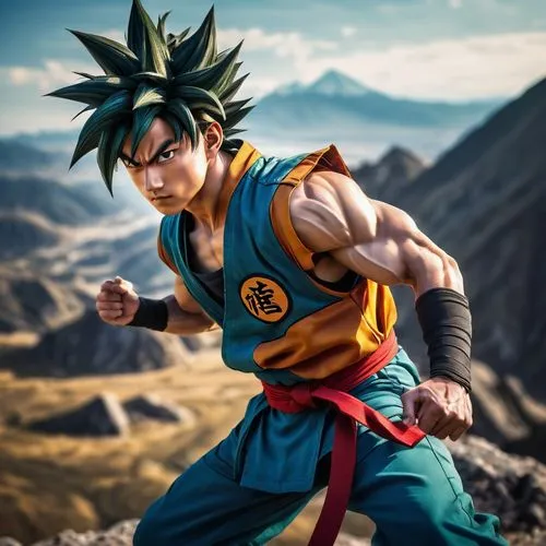 Dragon Ball Super Saiyan Deku, male, young adult, spiky black hair, fierce eyes, golden aura, ripped sleeveless shirt, blue pants, red sash, martial arts pose, dramatic lighting, dynamic composition, 