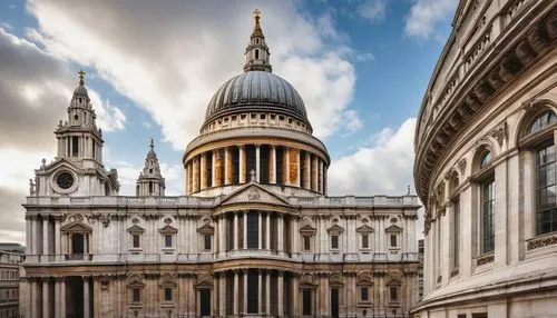 Christopher Wren Architecture, St Paul's Cathedral, Baroque style, intricate stone carvings, grand dome, ornate decorations, large arched windows, white marble columns, detailed sculptures, London cit