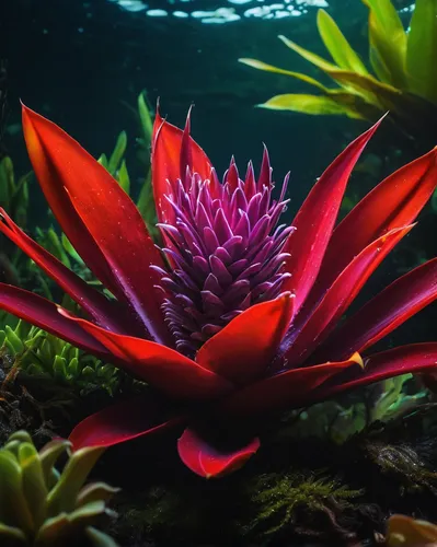 Imagine a dark and mysterious forest where bromeliads bloom in eerie colors.,bromeliaceae,bromeliad,sea life underwater,bromelia,sea anemone,aquarium lighting,aquatic plants,underwater background,red 