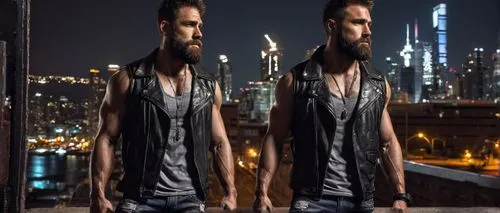 Muscular man, Glester Hardun Kichud, solo, (35yo), rugged beard, messy brown hair, intense gaze, leather jacket, black tank top, ripped jeans, heavy boots, silver necklace, confident stance, standing,