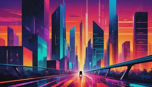 colorful city,cityscape,city highway,futuristic landscape,cybercity,metropolis,cyberpunk,cities,superhighways,cybertown,futuristic,cityzen,polara,sci fiction illustration,bladerunner,city skyline,neon arrows,urban,pedestrian,city,Illustration,Vector,Vector 07