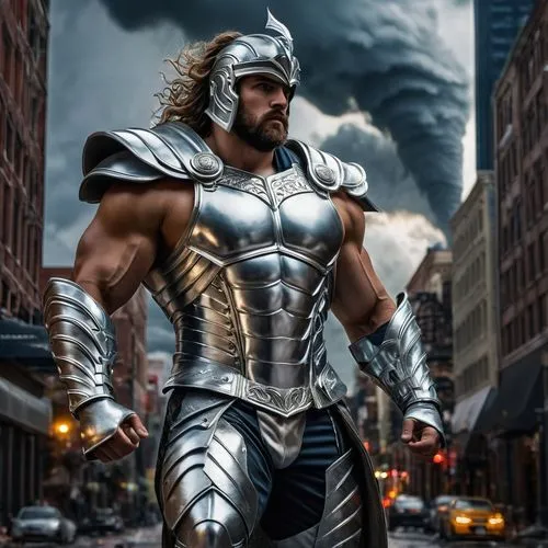 A son of Zeus as a full god, wearing silver armor pants, silver armor vest and silver armor boots, he is quite muscular, he is summoning a tornado in the downtown area of a major city ,god of thunder,