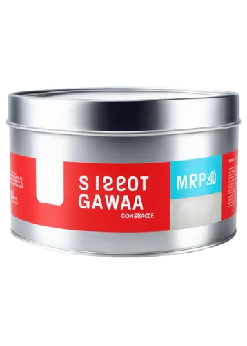 Red paint can, metal material, rounded body, silver lid, colorful label, bold font, shiny surface, reflection, 3/4 composition, close-up shot, soft focus, warm lighting, PNG transparent background.,gy