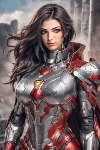 Realistic photo of a model with bold, dramatic makeup, smoky eyes, and red lips.,the female armor is displayed in a poster,female warrior,illyria,joan of arc,heroic fantasy,alita,breastplates,Digital 