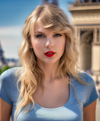 a portrait half body of a beautiful Taylor Swift  24 years old blonde hair red lips in a blue t-shirt in the street of Paris whit the Eiffel Tower as background in 4k,denim background,red lipstick,red