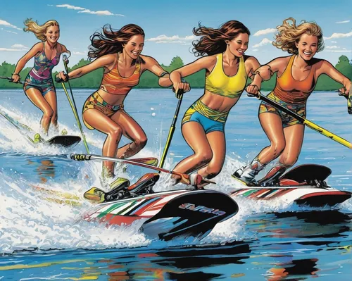 Create a lighthearted story about friends having a friendly slalom competition on water skis in a peaceful lake.,slalom skiing,waterskiing,water ski,wakesurfing,stand up paddle surfing,water sport,sta