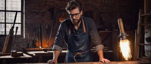 Modern artisan, male, 30s, short beard, messy hair, black-rimmed glasses, rugged jeans, white shirt with rolled-up sleeves, leather apron, holding a wooden hammer, standing in a spacious workshop, sur