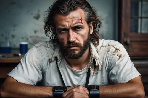 chainlink,the long-hair cutter,wolverine,drug rehabilitation,film actor,man portraits,dead earth,che,homeless man,prisoner,beaten down,neanderthal,portrait photography,deadwood,strongman,auto mechanic,car mechanic,repairman,bicycle mechanic,drover,Illustration,Retro,Retro 24