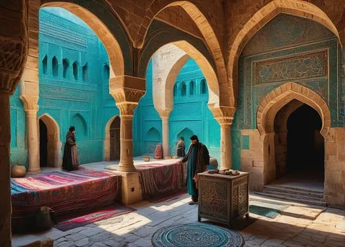 Ancient Syrian architecture, Crusader castle, Aleppo Citadel, intricately carved stone walls, ornate Islamic arches, domed mosques, vibrant turquoise tiles, intricate geometric patterns, worn stone st