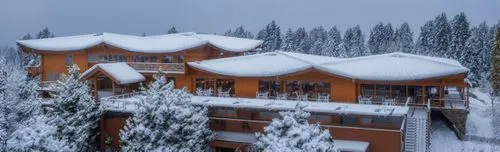 the house is surrounded by trees covered in snow,jahorina,gulmarg,fairmont chateau lake louise,ilgaz,whistler,revelstoke,winter house,pokljuka,snow house,snowhotel,monashee,winterplace,snow roof,smoly