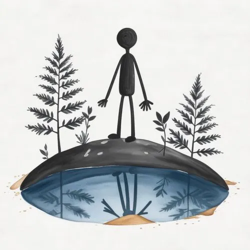 a small cartoon figure stands on top of a rock,ufos,ufo,motzfeldt,hertzfeldt,extraterritorial,saucer