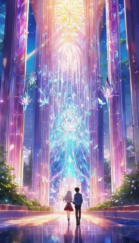 violet evergarden,the pillar of light,fairy world,cg artwork,fantasia,heaven gate,dream world,magical,fantasy world,beyond,hall of the fallen,3d fantasy,cathedral,薄雲,aura,illumination,fantasy city,kingdom,dimension,diamond lagoon,Illustration,Japanese style,Japanese Style 03