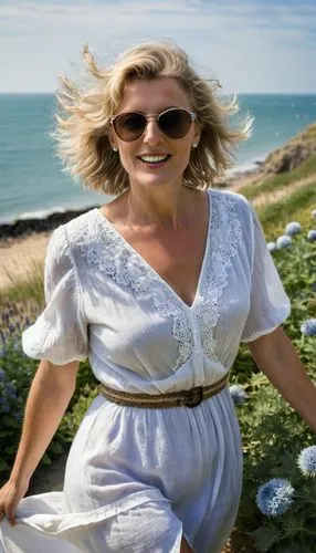 (masterpiece), best quality, expressive eyes, perfect face, sharp focus, photograph of an attractive wife, tourist on seafront in English seaside town, loose white linen dress, firm thighs, sunglasses