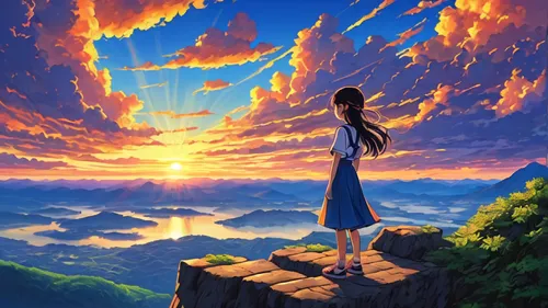 heavenward,hisaishi,sky,landscape background,hosoda,fantasy picture,mountain sunrise,cielo,summer sky,dreamscape,ghibli,background image,daybreak,escaflowne,skywatch,arrietty,sunrise,skyscape,katara,rising sun,Illustration,Japanese style,Japanese Style 05