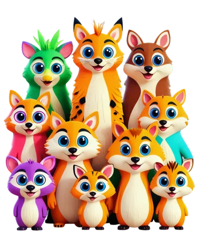 Funny cartoon animals, group, (6-8), colorful fur, big round eyes, smiling faces, silly postures, playful actions, varied species, jungle setting, vibrant colors, soft lighting, shallow depth of field