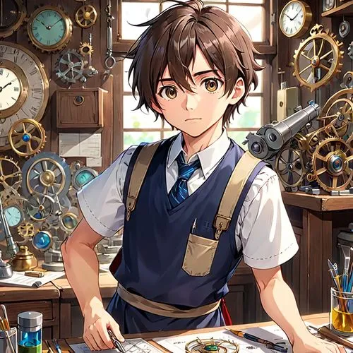 watchmaker,clockmaker,violet evergarden,craftsman,anchovy (food),izakaya,euphonium,tinsmith,cg artwork,anchovy,togra,seafarer,brown sailor,metalsmith,protected cruiser,game illustration,portrait background,studio ghibli,wiz,kantai collection sailor,Anime,Anime,Traditional