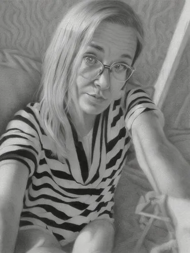 With glasses , young looking. ,black and white photo,horizontal stripes,reading glasses,black-and-white,comic halftone woman,color black and white,black and white,retro look,glasses,old look,retro wom