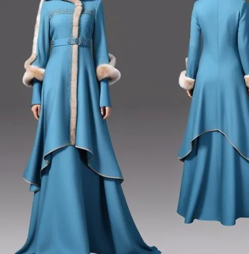 Wool design For Muslim hijab digital drawing with 3d with blain velvet design and long skirt with winter design wool design with fur,a woman in a blue dress with fur trimmings,abayas,a floor-length dr