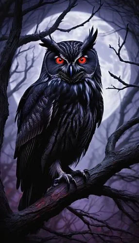 Dark fantasy art, evil owl, solo, nocturnal creature, glowing red eyes, sharp talons, black feathers with purple undertones, mysterious ancient forest, twisted tree branches, misty atmosphere, full mo