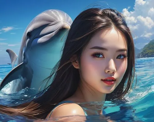 girl with a dolphin,dolphin background,mermaid background,dolphin rider,dolphin,two dolphins,dolphin swimming,underwater background,dolphin show,trainer with dolphin,dolphins,oceanic dolphins,dolphins in water,cetacea,blue sea,cetacean,ocean background,tursiops,jianwen,zhengying,Conceptual Art,Fantasy,Fantasy 03