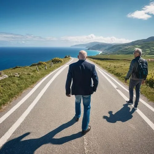 Image of A mature man meeting another self coming from another dimension on a scenic road with the sea in the background,three men are standing on the side of the road,icelanders,the road to the sea,n