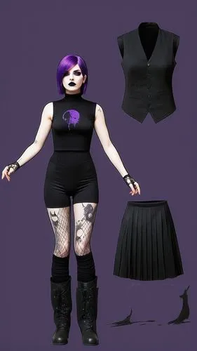 Paper doll 2d cartoon goth purple haired girl in black sleeveless shirt , black spandex shorts, complete full length fishnet and black goth knee Boots, standing surrounded by with a set of goth fashio