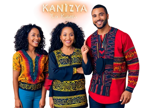 African American family, happy Kwanzaa celebration, traditional clothes, colorful dashikis, kinara in background, moyo ya kwanzaa phrase on wall, warm lighting, 3/4 composition, shallow depth of field