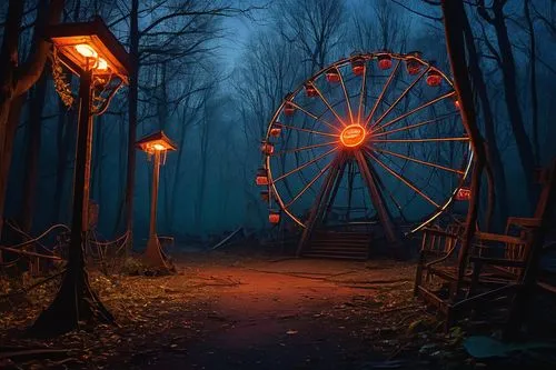 dark park,haunted forest,prater,theme park,amusement park,enchanted forest,haunt,fantasy picture,wonderland,halloween and horror,the park at night,halloween scene,germany forest,fairground,black forest,myst,night scene,dreamland,before dawn,evening atmosphere,Art,Artistic Painting,Artistic Painting 48