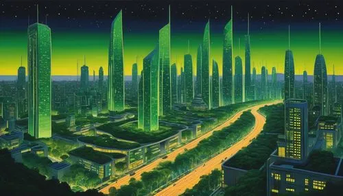 Eco-friendly futuristic cityscape, sleek modern skyscrapers, green roofs, solar panels, wind turbines, lush vertical gardens, tranquil water features, walking paths, bicycle lanes, electric vehicles, 