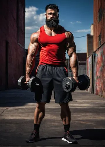 muscular man, big build, oily skin, sweaty, intense gaze, messy black hair, thick beard, tank top, athletic shorts, sports shoes, weightlifting pose, gym setting, urban background, strong lighting, dr