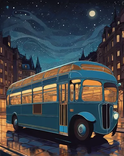 trolley bus,trolleybus,trolleybuses,city bus,moon car,bus,volkswagenbus,school bus,vwbus,night scene,bus from 1903,schoolbus,bus zil,trolley,street car,red bus,streetcar,omnibus,trolley train,double-decker bus,Illustration,Retro,Retro 08